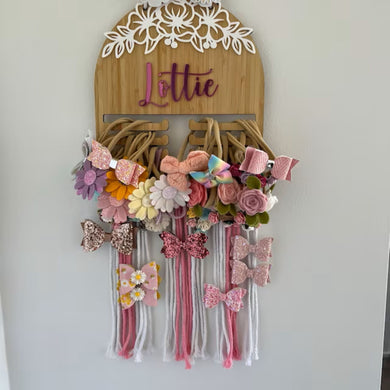 Personalised Floral Bow Holder - Timber with Scripted Name | Clip Holder| Bow Organiser