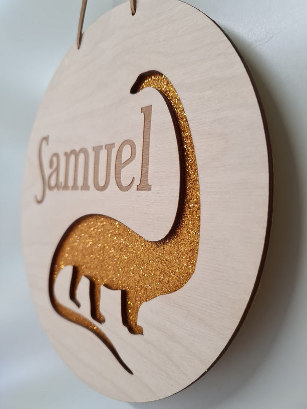 Round  - Etched One Name with cut out glitter Dinosaur