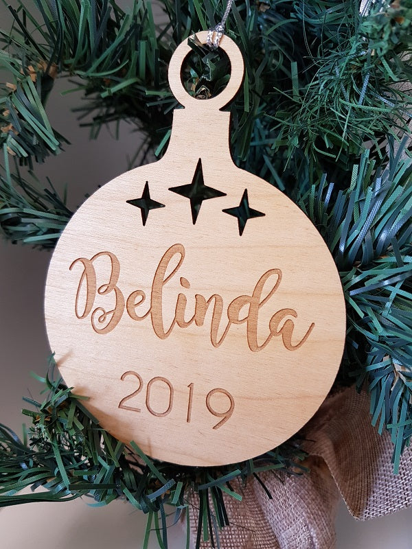 Ornament - Personalised Wooden Bauble with Christmas Star cut outs